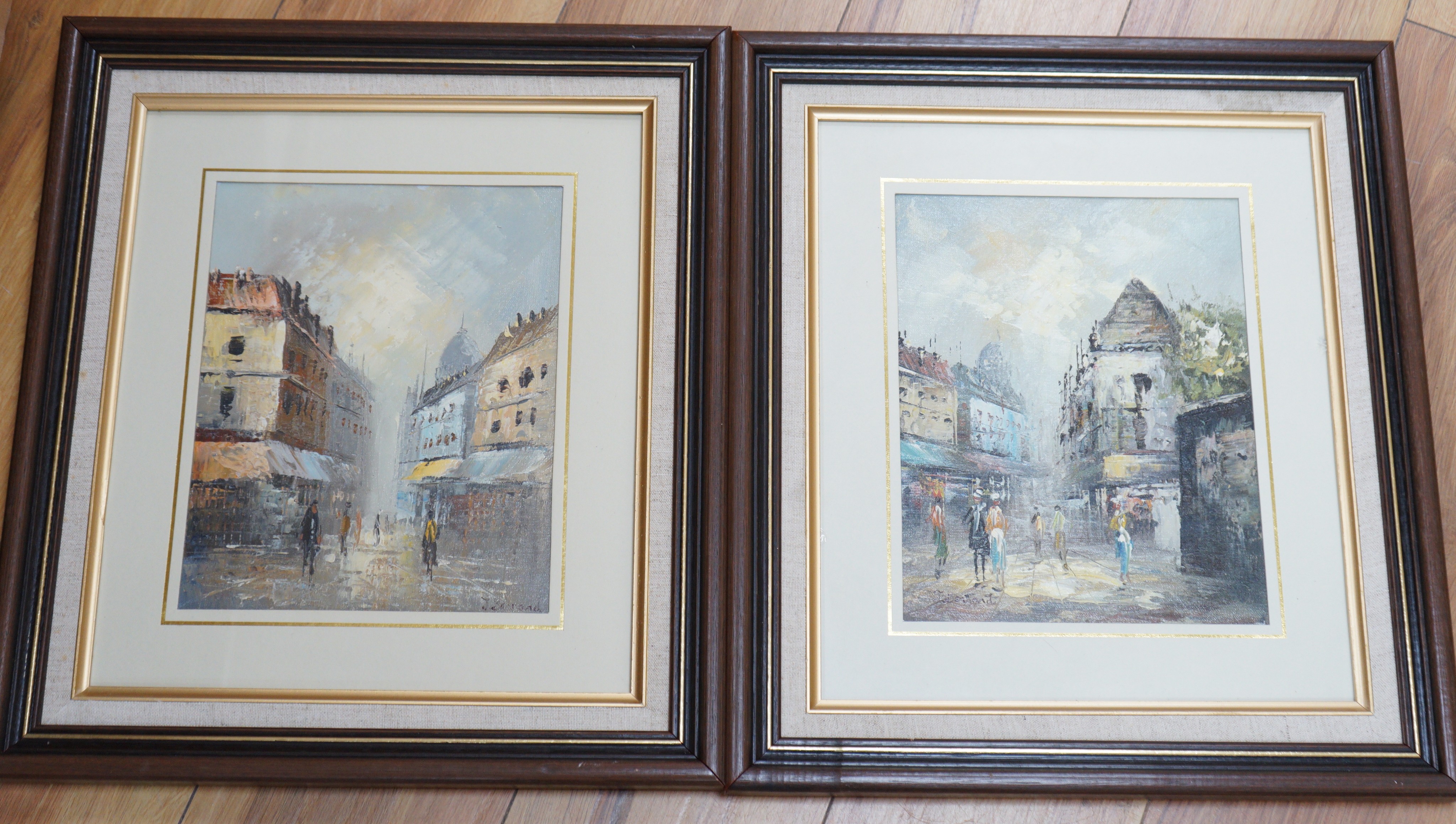 F. Bernard, pair of oils on board, Paris street scenes, signed, 25 x 20cm
